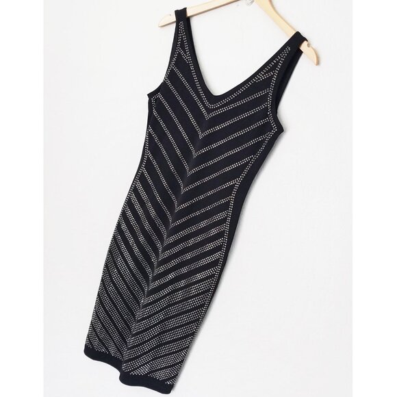 Carmen Marc Valvo Black Sparkly Rhinestone Stud Bodycon Dress S $118 Stretchy - Picture 12 of 13